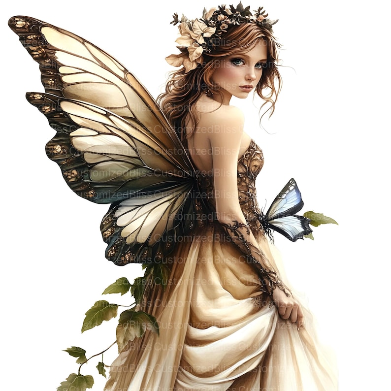 May include: A fairy with large, brown and white butterfly wings, wearing a brown dress with a floral crown and holding a blue butterfly.