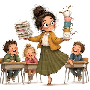Może przedstawiać: Ilustracja nauczycielki balansującej na stosie papierów i wieży filiżanek, z trojgiem uśmiechniętych dzieci przy biurkach. Nauczycielka ma na sobie żółtą kurtkę, zieloną spódnicę i okulary. Filiżanki są różowe, niebieskie i żółte.