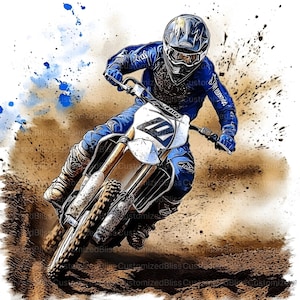 May include: An action-packed illustration of a motocross rider in blue gear, navigating a dirt track. The rider is wearing a helmet and goggles, with the number 10 visible on the bike. The image features splashes of dirt and blue accents.