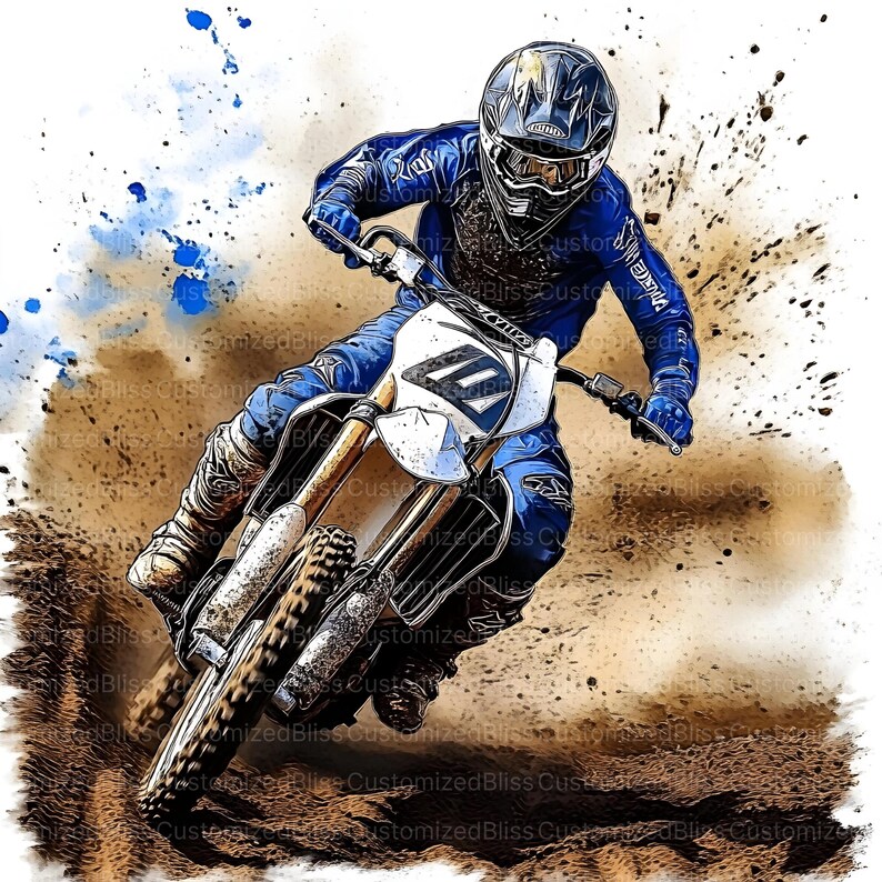 May include: An action-packed illustration of a motocross rider in blue gear, navigating a dirt track. The rider is wearing a helmet and goggles, with the number 10 visible on the bike. The image features splashes of dirt and blue accents.