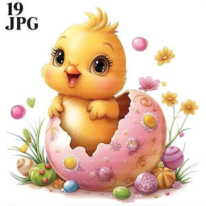 19 imágenes prediseñadas de polluelos de primavera, imágenes prediseñadas de huevos, imágenes prediseñadas de Pascua, polluelos festivos, archivos JPG de alta calidad, imágenes prediseñadas de acuarela, diario basura, descarga digital