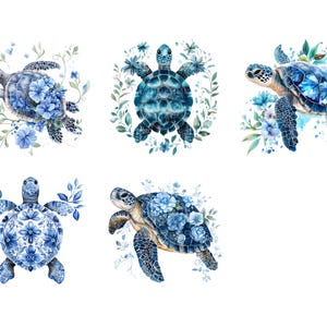 May include: Five watercolor illustrations of sea turtles with blue and white floral designs. The turtles are surrounded by blue and white flowers.