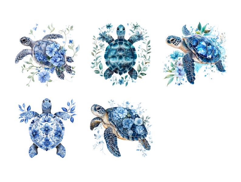 May include: Five watercolor illustrations of sea turtles with blue and white floral designs. The turtles are surrounded by blue and white flowers.