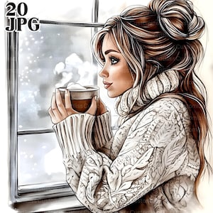 20 Dziewczyn Clipart, Kobieta Clipart, Zima Clipart, Wysokiej Jakości JPG, Akwarela Clipart, Dziennik Śmieci, Pobieranie Cyfrowe, Rękodzieło Papierowe, Do Wydrukowania