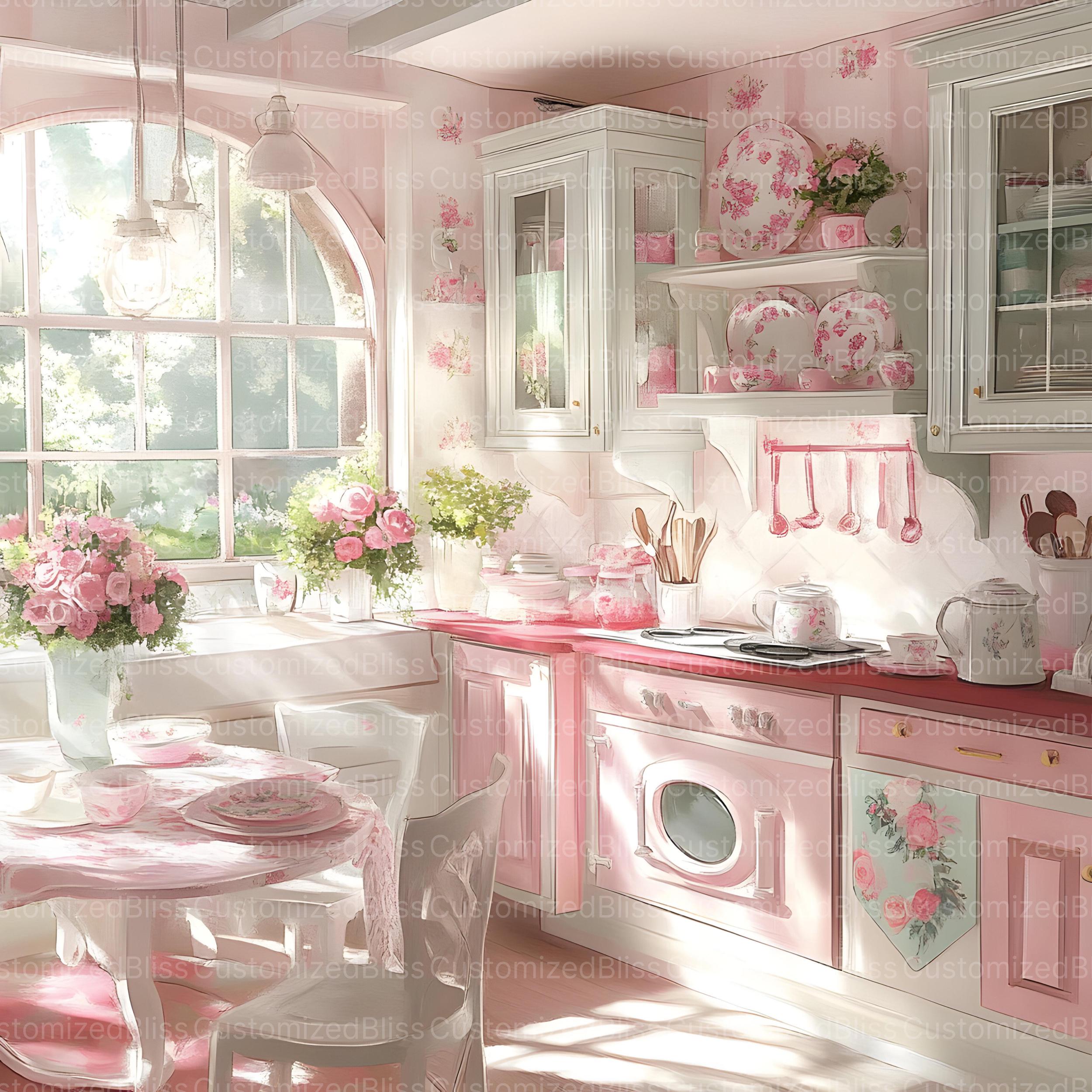 14 Shabby Chic Retro Pink Kitchen Clipart, Countryside Kitchen, Retro ...