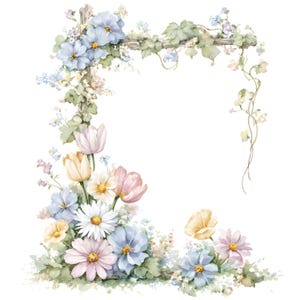 May include: Watercolor illustration of a floral arrangement featuring a variety of flowers in pastel colors. The arrangement includes blue, pink, yellow, and white flowers, with green foliage and a wooden trellis.