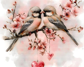 Pacote de clipart de pássaros do amor Shabby Chic Valentine com corações, 20 JPGs de aquarela de alta qualidade, diário, álbum de recortes, download digital, artesanato