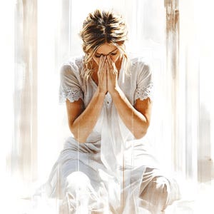 May include: A woman in a white dress with lace trim sits with her head bowed in prayer. The background is a blurred image of a window with light streaming through it.