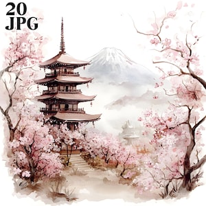 20 Japanese Landscape Clipart, Japanese Clipart, Japanese Style Print, High Quality JPGs, Watercolor Clipart, Junk Journal, Digital Download