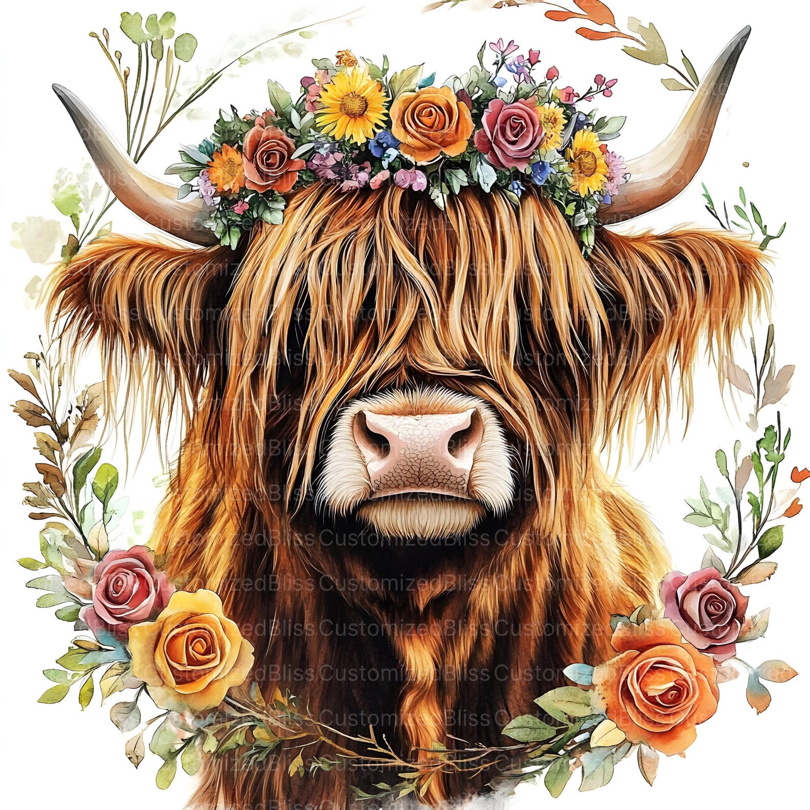 20 Floral Highland Cow Clipart, Cow and Flowers Clipart, High Quality ...