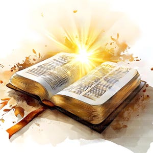 Peut inclure: Un livre ouvert dor&eacute; avec des pages remplies de texte, illumin&eacute; par une lumi&egrave;re vive &eacute;manant du centre du livre. Le livre repose sur une surface brun clair avec un effet aquarelle.