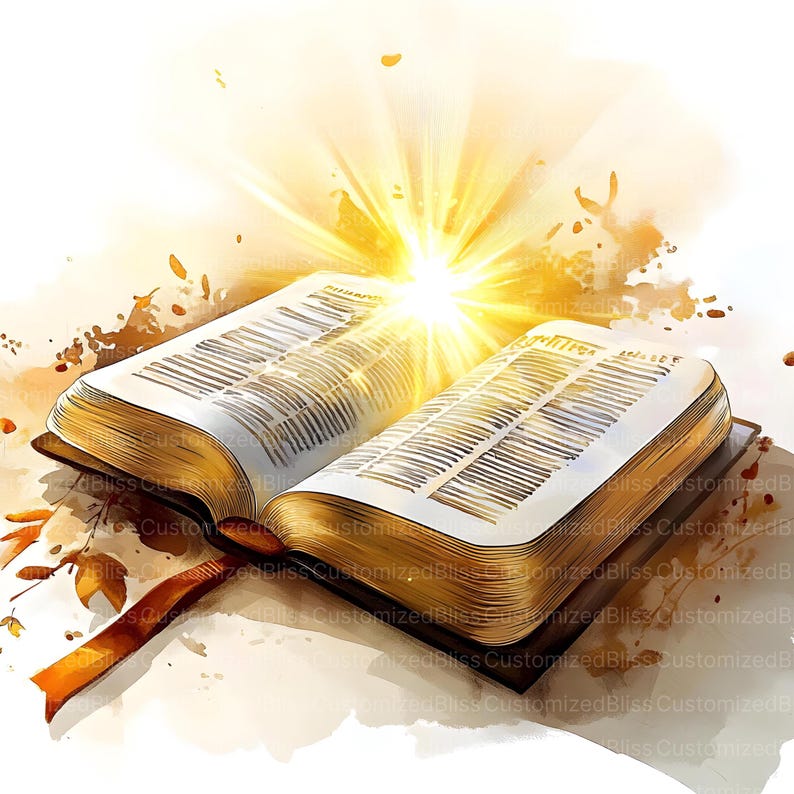 Peut inclure: Un livre ouvert dor&eacute; avec des pages remplies de texte, illumin&eacute; par une lumi&egrave;re vive &eacute;manant du centre du livre. Le livre repose sur une surface brun clair avec un effet aquarelle.