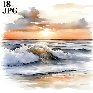 18 Beach Scenery Clipart, Beach Clipart, Ocean Clipart, High Quality JPGs, Watercolor Clipart, Junk Journal, Digital Download, Paper Craft