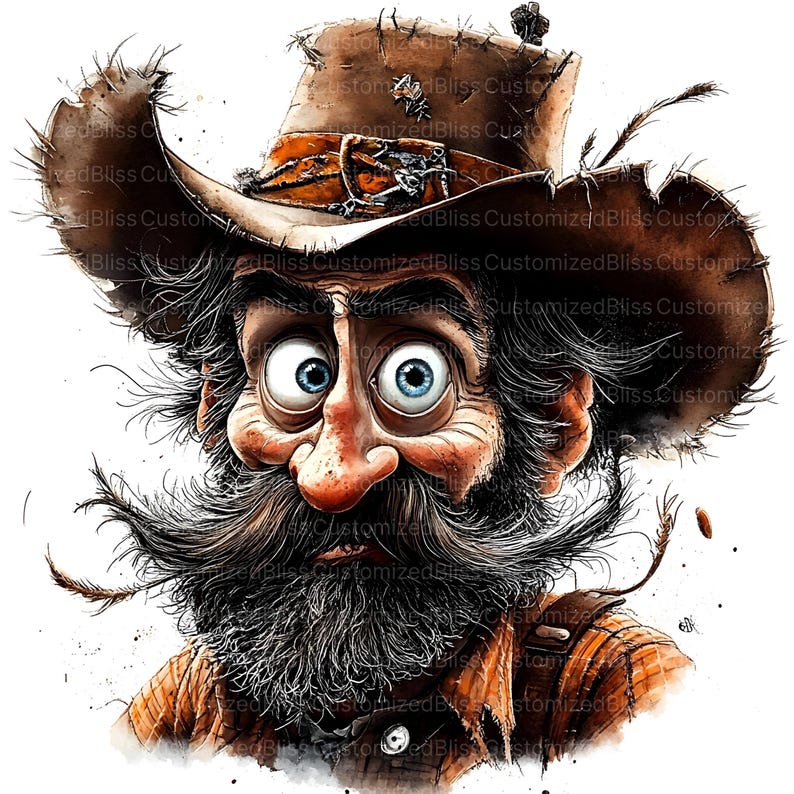 May include: A cartoon illustration of a man with a bushy beard and mustache wearing a brown cowboy hat with a worn leather band. He has large, expressive eyes and a surprised expression.