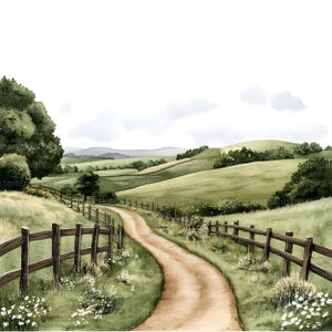 May include: A watercolor painting of a winding dirt road leading through a green rolling countryside. The road is lined with wooden fences and there are green hills in the background.