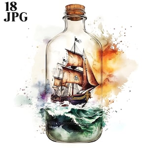 18 Ship in a Bottle Clipart, Ship Clipart, Pirate Ship, High Quality JPGs, Watercolor Clipart, Junk Journal, Digital Download, Paper Craft
