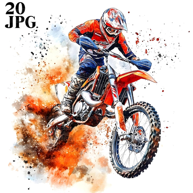 Peut inclure: Illustration &agrave; l'aquarelle d'un pilote de motocross sur une moto tout-terrain orange et blanche. Le pilote porte une combinaison et un casque de course rouges et oranges. L'image a des effets d'aquarelle orange et marron.
