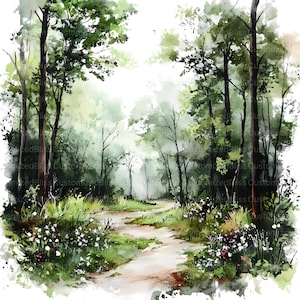 May include: A watercolor painting of a winding path through a lush green forest. The path is surrounded by tall trees and lush foliage, with a soft, misty background.