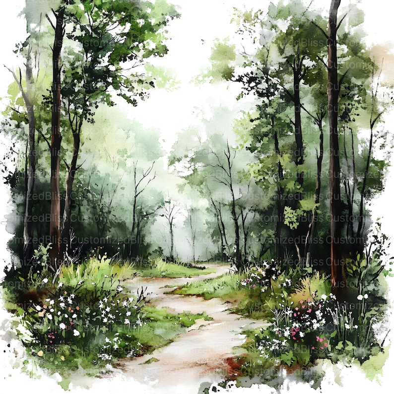 May include: A watercolor painting of a winding path through a lush green forest. The path is surrounded by tall trees and lush foliage, with a soft, misty background.