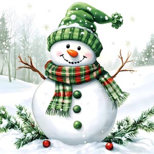 May include: A smiling snowman wearing a green and red plaid scarf and a green hat with a white pom-pom. The snowman is standing in a snowy landscape with pine trees in the background.