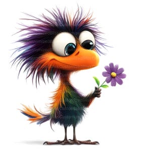 May include: A colorful cartoon bird with a purple and blue mohawk holds a purple flower with green leaves.
