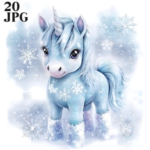 May include: A blue unicorn with a silver horn and a white mane and tail. The unicorn is wearing blue boots and is standing in a snowy scene with snowflakes.