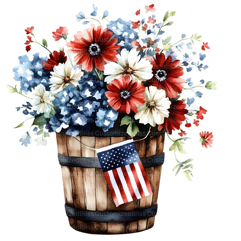 Fourth of July Flower Bucket Clipart, 18 High Quality Watercolor JPG ...
