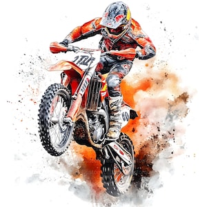 Peut inclure: Illustration &agrave; l'aquarelle d'un pilote de motocross en l'air sur une moto tout-terrain orange et blanche. Le pilote porte une combinaison et un casque de course rouges et noirs. Des &eacute;claboussures d'orange et de gris entourent la moto, cr&eacute;ant un effet dynamique.