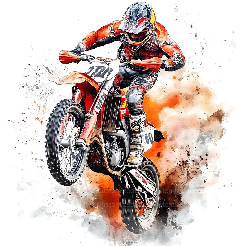 Peut inclure: Illustration &agrave; l'aquarelle d'un pilote de motocross en l'air sur une moto tout-terrain orange et blanche. Le pilote porte une combinaison et un casque de course rouges et noirs. Des &eacute;claboussures d'orange et de gris entourent la moto, cr&eacute;ant un effet dynamique.