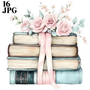 16 Clipart di libri in stile cottage shabby chic, fiori pastello, libri impilati, libro floreale, JPG di alta qualità, diario spazzatura, download digitale, artigianato