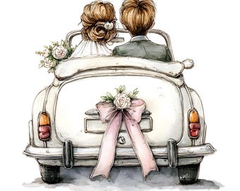22 Wedding Car Clipart, Just Married Couple Clipart, Watercolor Bride Groom, Romantic Wedding Clipart, Just Married Car Clipart Bundle, JPG