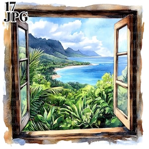 17 venster oceaanzicht clipart, venster naar zee clipart, oceaan clipart, hoge kwaliteit jpg's, aquarel clipart, ongewenste dagboek, digitale download