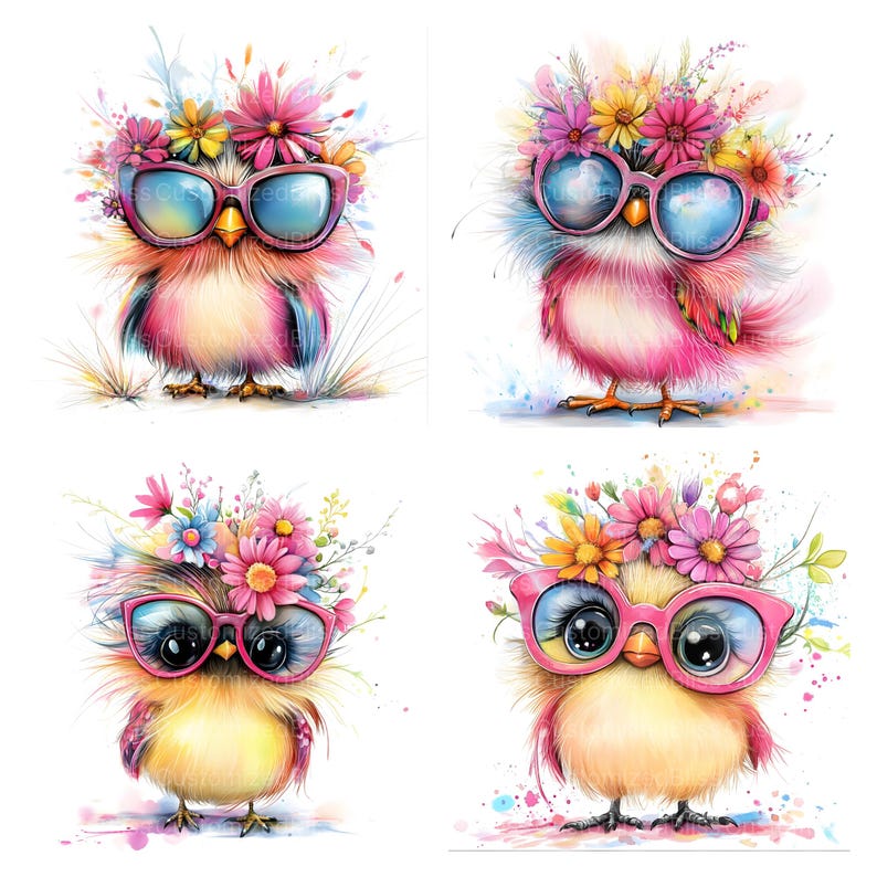Op de afbeelding: Vier kleurrijke cartoonvogels met roze zonnebrillen en bloemenkronen. Elke vogel heeft een ander kleurenschema en is afgebeeld op een witte achtergrond.