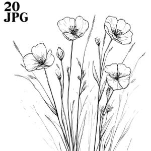 20 tekeningen van wilde bloemen zwart-wit clipart, wilde bloemen clipart, aquarel clipart, Junk Journal, digitale download, Paper Craft, JPG