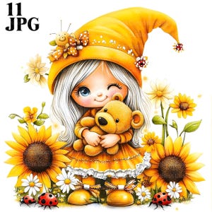 Clipart nain tournesol, clipart tournesol, nain floral, nain de jardinage, nain de jardin fantaisiste, fichiers JPG de haute qualité, usage commercial