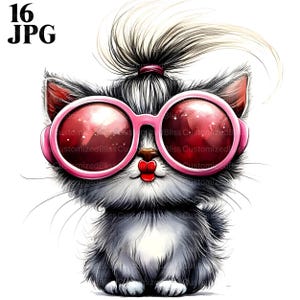 16 chaton poilu avec des lunettes de soleil des cliparts, illustration de chat mignon et drôle, clipart chat, chaton clipart, JPG de haute qualité, téléchargement numérique