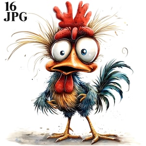 16 Funny Rooster Clipart, Comical Rooster, Chicken Clipart, Cartoon Bird, Farm Animal, High Quality JPGs, Junk Journal, Digital Download