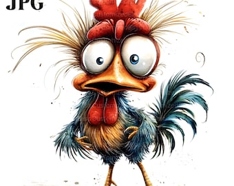 16 Funny Rooster Clipart, Comical Rooster, Chicken Clipart, Cartoon Bird, Farm Animal, High Quality JPGs, Junk Journal, Digital Download