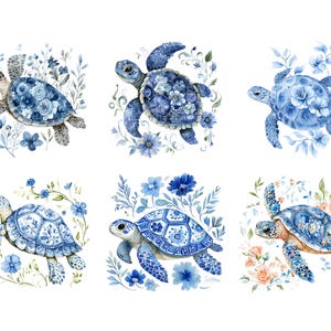 May include: Six watercolor illustrations of blue and white sea turtles with floral accents. Each turtle is surrounded by delicate blue and white flowers and leaves.