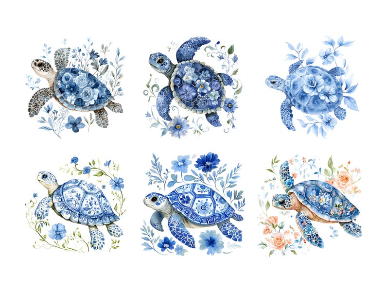May include: Six watercolor illustrations of blue and white sea turtles with floral accents. Each turtle is surrounded by delicate blue and white flowers and leaves.