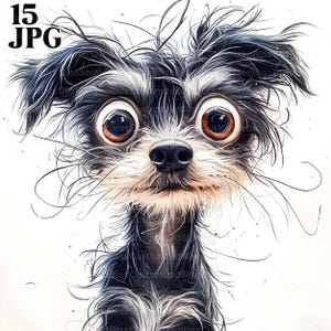 Frazzled Dog Clip Art, Hairy Dog, Cartoon Dog, 15 High Res Watercolor JPGs for Junk Journaling, Scrapbooking, Card Making, Digital Download
