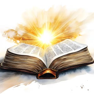Peut inclure: Un livre ouvert avec une lueur dor&eacute;e &eacute;manant de ses pages, sugg&eacute;rant un th&egrave;me spirituel ou religieux. Le livre est entour&eacute; d'un fond ressemblant &agrave; une aquarelle avec des couleurs douces et claires.