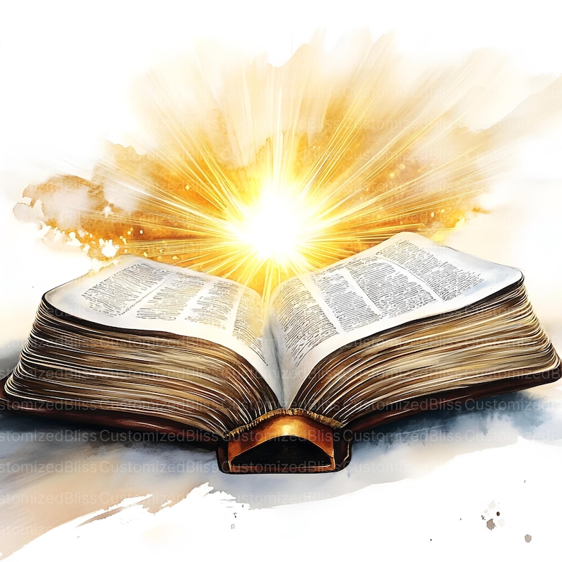 Peut inclure: Un livre ouvert avec une lueur dor&eacute;e &eacute;manant de ses pages, sugg&eacute;rant un th&egrave;me spirituel ou religieux. Le livre est entour&eacute; d'un fond ressemblant &agrave; une aquarelle avec des couleurs douces et claires.