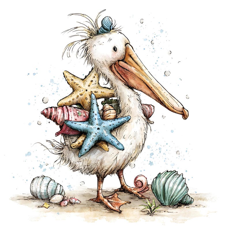 May include: A watercolour illustration of a pelican adorned with seashells and starfish. The pelican is depicted in white with an orange beak and a small blue hat. The seashells are in various colours, including pink, tan, and blue. The background is white with blue watercolour splatters.