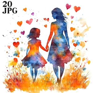 May include: Watercolour painting of two silhouettes of people, a mother and child, walking hand-in-hand. The painting is filled with colourful splashes of paint and hearts.