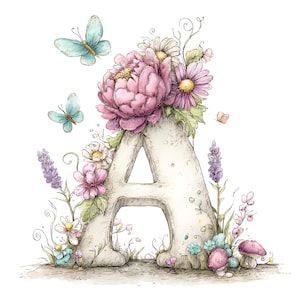 May include: A large, off-white letter A decorated with a cluster of pink peonies, white daisies, and purple lavender. Two light blue butterflies hover near the top, while small pink and purple mushrooms grow at the base of the letter.