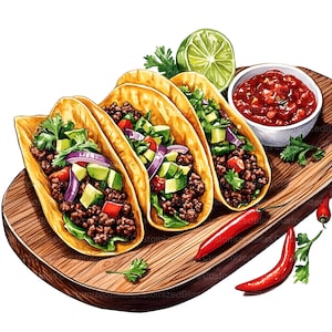 May include: Three soft tacos filled with ground beef, avocado, red onion, and cilantro, served on a wooden cutting board with salsa, lime wedges, and red chili peppers.
