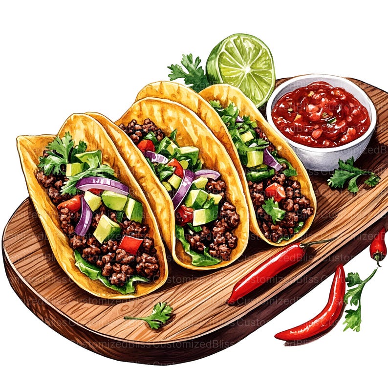 May include: Three soft tacos filled with ground beef, avocado, red onion, and cilantro, served on a wooden cutting board with salsa, lime wedges, and red chili peppers.