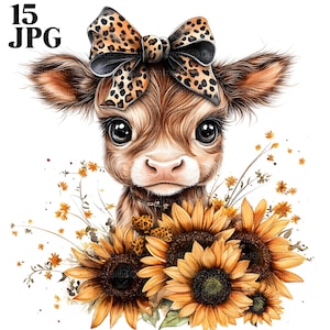Vache Clipart, Clipart tournesols, vache imprimable, animal de la ferme, bébé animal, Clipart chambre d'enfant, 15 JPG de haute qualité Junk Journal en téléchargement numérique