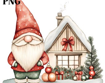 May include: Watercolor illustration of a Christmas gnome with a long white beard, red hat with white polka dots, and red coat. A snow-covered house with a red bow and Christmas decorations is in the background. The image has the text "30 PNG" in the upper left corner.